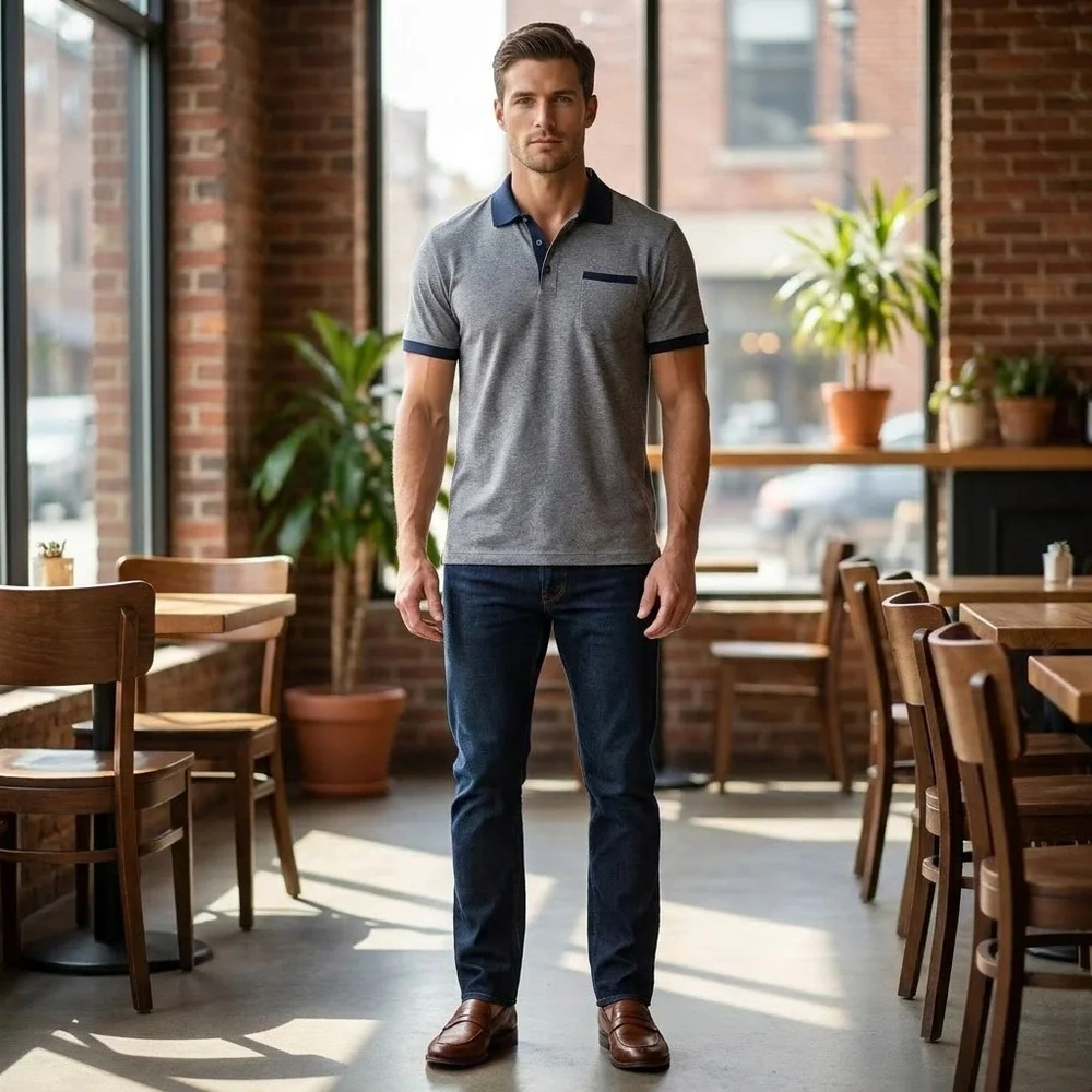 Banana Republic Polo Shirt Men's L Gray Navy Luxury Touch Cotton Casual Peppy